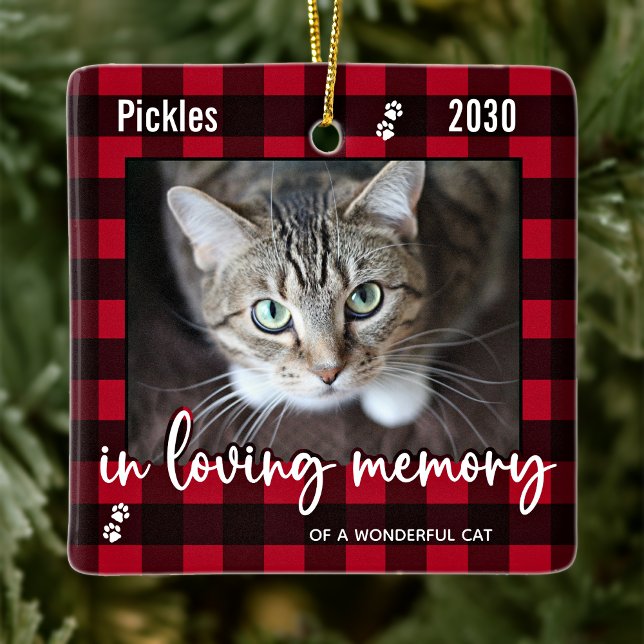 Pet Cat Memorial Red Plaid In Loving Memory Photo Ceramic Ornament (Creator Uploaded)