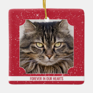 Pet Cat Memorial Red Snow Photo Christmas Ceramic Ornament