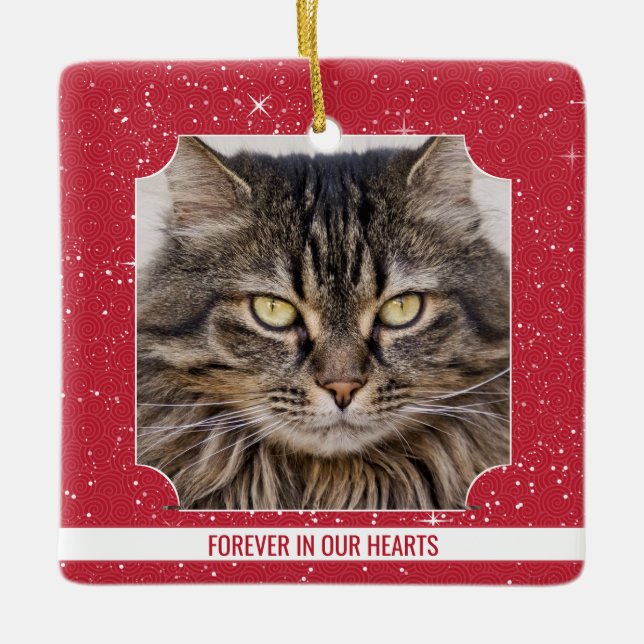 Pet Cat Memorial Red Snow Photo Christmas Ceramic Ornament (Front)