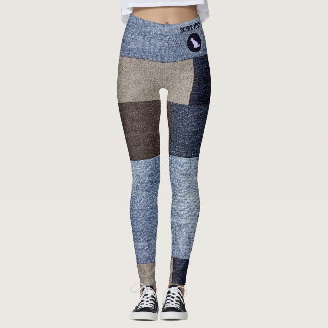 Pet Cat Mum Colourful Patchwork Faux Denim Jeans Leggings (Front)