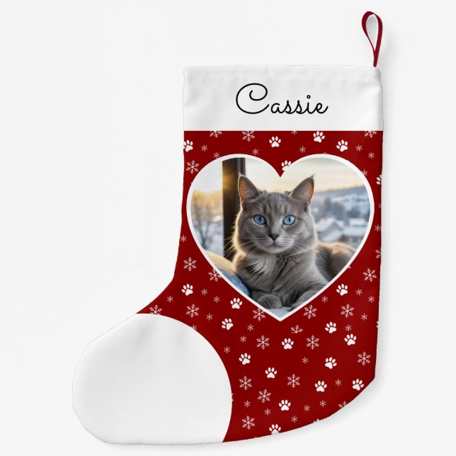 Pet Cat Photo Crimson Red Personalised Small Christmas Stocking (Back)