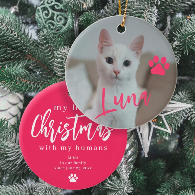 Pet cat photo name paw First Christmas custom Ceramic Tree Decoration (Creator Uploaded)