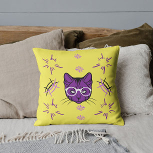 Pet Cat Purple White Black Yellow Pattern Custom Cushion