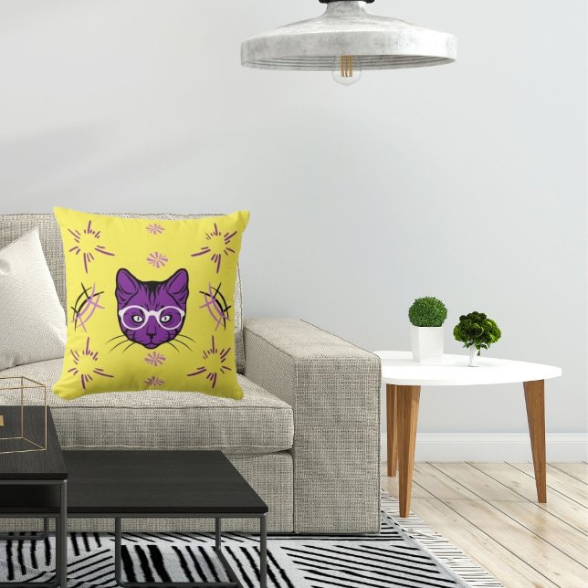 Pet Cat Purple White On Black Modern Cute Yellow Cushion (Creator Uploaded)