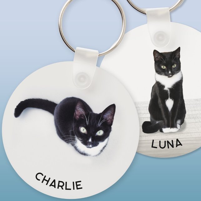 Pet Cat Two Photo Personalized Key Ring (Personalized custom name pet cat double sided two photo keychain for animal lovers)