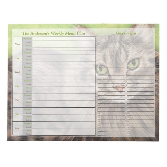 Pet Cat Weekly Personalised Menu Plan Notepad (Front)