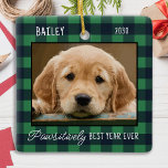 Pet Christmas Personalised Plaid Puppy Dog Photo Ceramic Ornament<br><div class="desc">Pawsitively Best Year Ever ! According to the dogs! Decorate your tree or send a special gift with this super cute personalised custom pet photo christmas ornament. This simple farmhouse dog christmas ornament will be a favourite among all dog lovers. Add your dog's photo and personalise with name and year....</div>