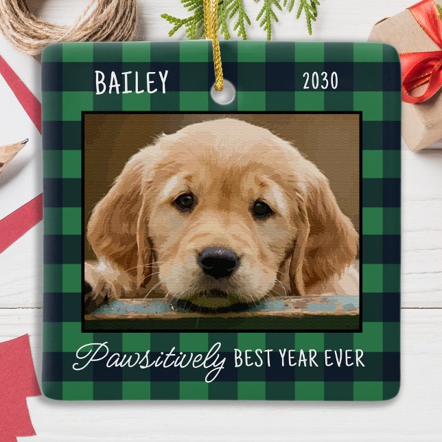 Pet Christmas Personalised Plaid Puppy Dog Photo Ceramic Ornament (Creator Uploaded)