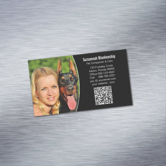 Pet Companion Black White Custom QR Code Photo Magnetic Business Card (In Situ)