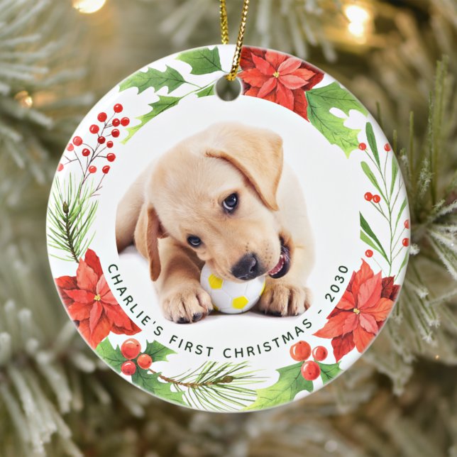 Pet Custom 2 Dog Photo Poinsettia Wreath Christmas Ceramic Tree Decoration (Creator Uploaded)