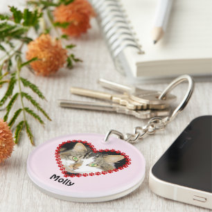Pet custom photo name paw prints pink key ring