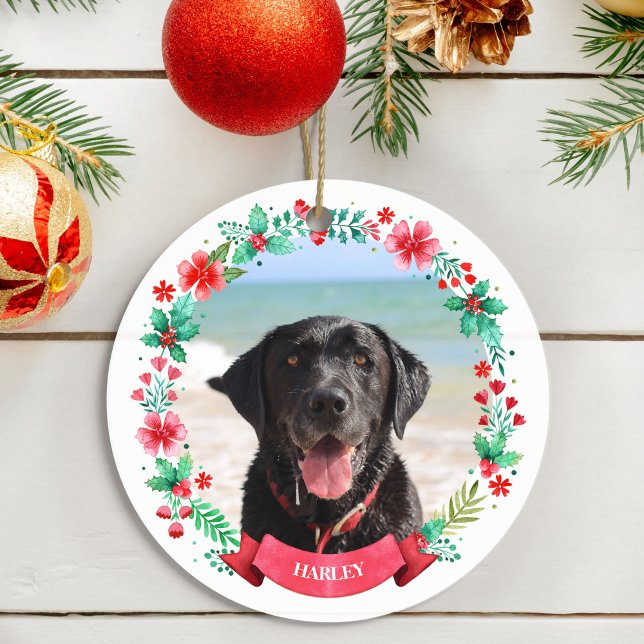 Pet Dog 2 Photo Christmas Wreath Ceramic Tree Decoration (Pet Dog Two Photo Christmas Wreath Ceramic Ornament)