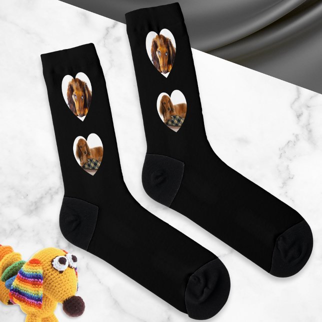 Pet Dog 4 Custom Photos Heart Frames Personalised Socks (Black socks for the dog lover, with 4 custom photos of your pet in cute heart-shaped frames)