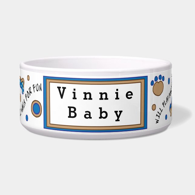 Pet DOG Blue Bowl Large "Will Play for Food" (Front)