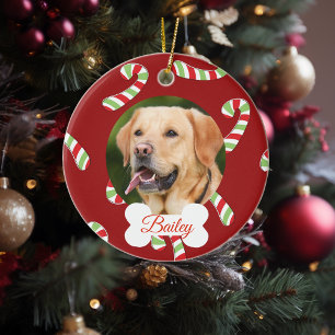 Pet Dog Cat Holiday Customise Photo Candy Cane Ceramic Tree Decoration