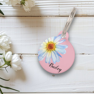 Pet Dog Cat Modern Pink Daisy Pretty ID Customise Pet Tag