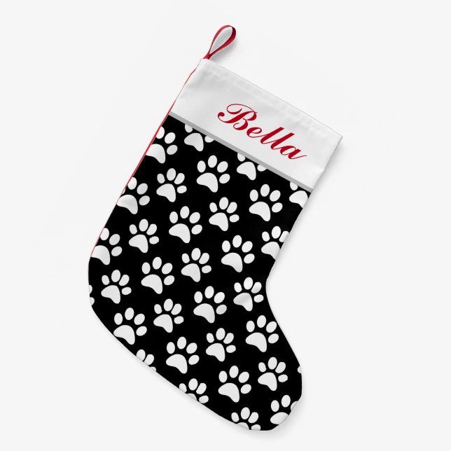 Pet Dog Cat Name Black White Paw Prints Small Christmas Stocking (Front (Hanging))