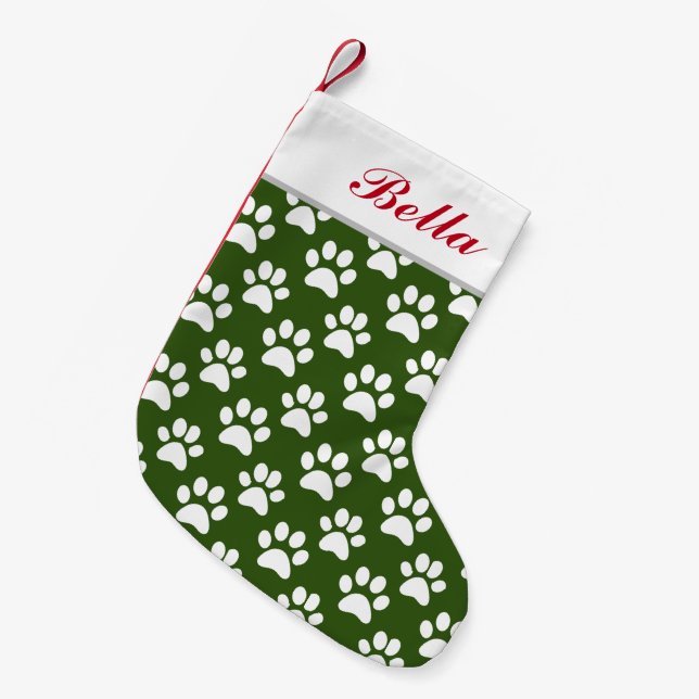 Pet Dog Cat Name Green White Paw Prints Small Christmas Stocking (Front (Hanging))