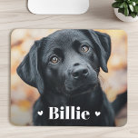 Pet dog cat name hearts mouse mat<br><div class="desc">Mousepad featuring your custom pet photo with with the pet's name as a white text overlay flanked by two hearts.</div>