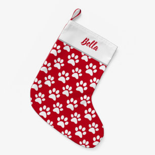 Pet Dog Cat Name Red White Paw Prints Small Christmas Stocking