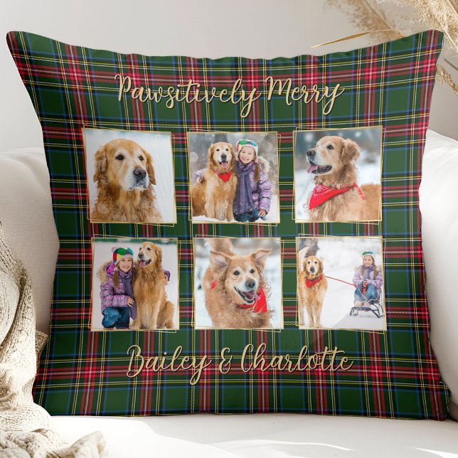 Pet Dog Custom Gold Photo Collage Christmas Plaid Cushion (Creator Uploaded)