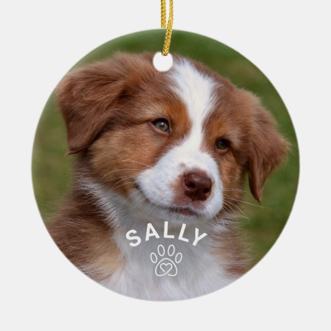 Pet Dog Glitter Paw Print Custom Name Photo Ceramic Tree Decoration (Front)