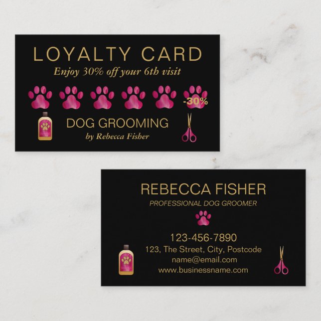 Pet Dog Grooming Black Pink Loyalty Rewards Card (Front/Back)