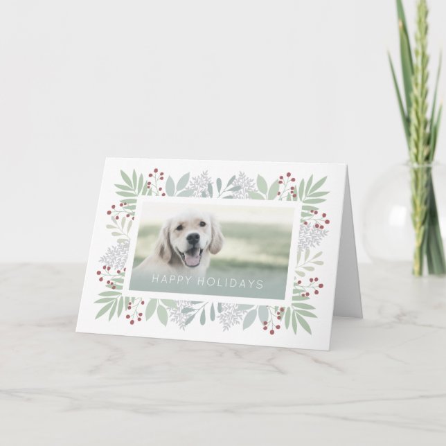 Pet Dog Holiday Card Green Foliage Berries Design (Front)