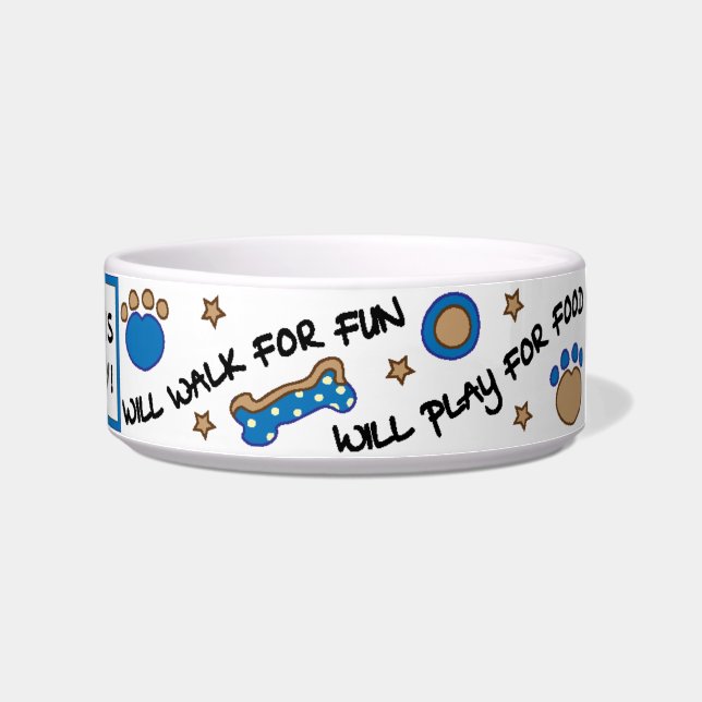 Pet DOG Medium Bowl "Will Play for Food" (Right)