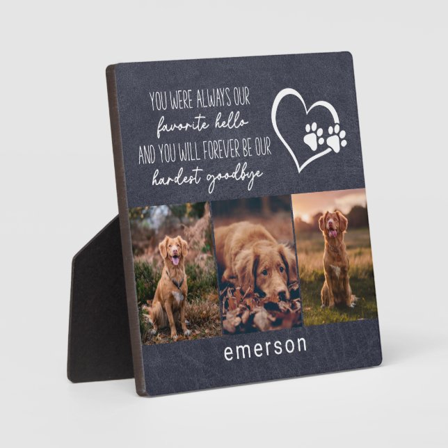 Pet Dog Memorial Blue Leather Photo Collage Plaque (Front)