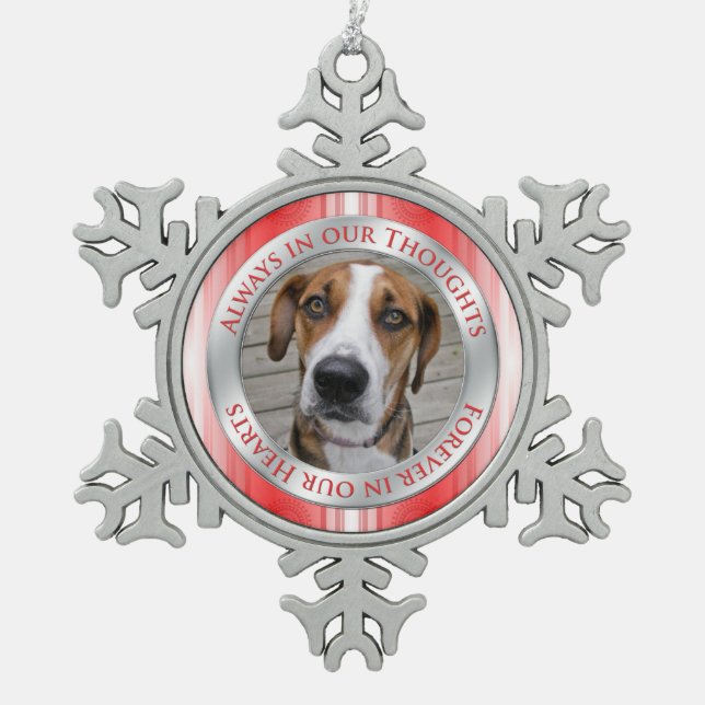 Pet Dog Memorial Photo Christmas Red Silver White Snowflake Pewter Christmas Ornament (Front)