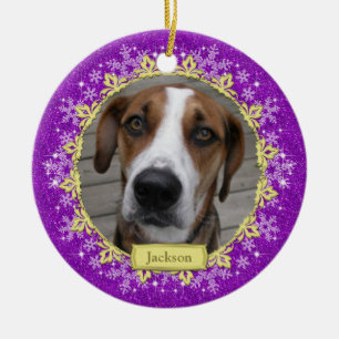 Pet Dog Memorial Purple Snowflake Photo Christmas Ceramic Tree Decoration