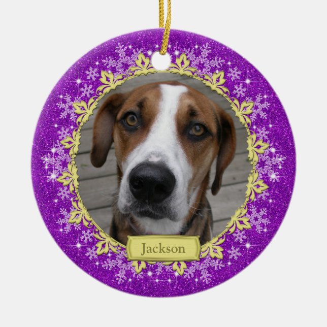 Pet Dog Memorial Purple Snowflake Photo Christmas Ceramic Tree Decoration (Front)