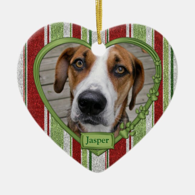 Pet Dog Memorial Stripes Photo Heart Christmas Ceramic Tree Decoration (Front)