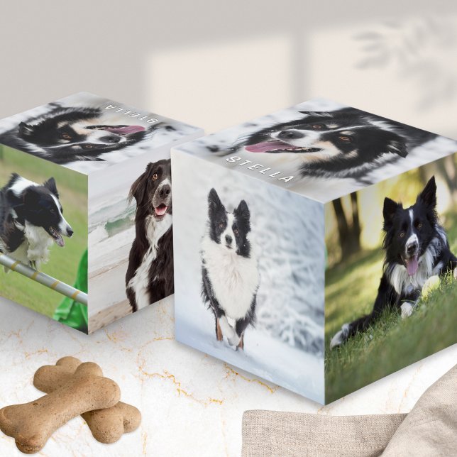 Pet Dog Multi Photo Custom Display Cube (A festive cube featuring five pictures of your dog, and their name on the top)