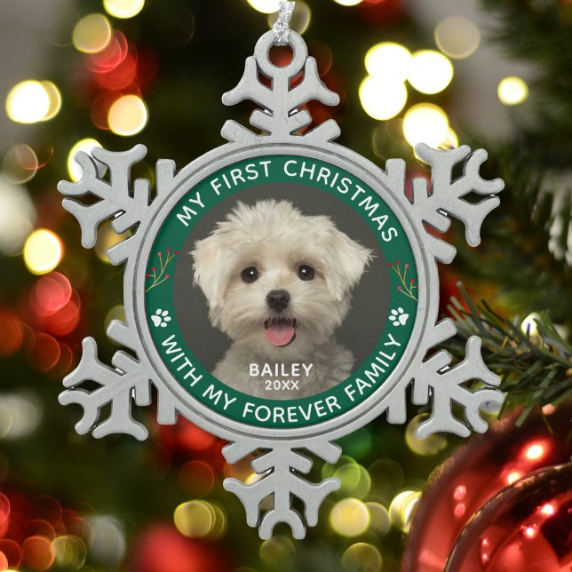 Pet Dog My First Christmas Custom Photo Snowflake Pewter Christmas Ornament (Creator Uploaded)