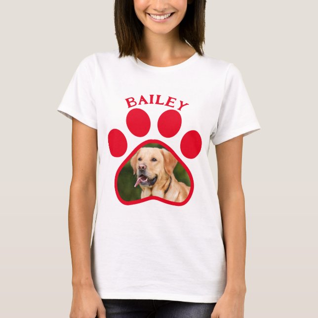 Pet Dog or Cat Photo Red Pawprint  T-Shirt (Front)