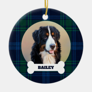 Pet Dog Photo Blue Green Tartan Plaid Name on Bone Ceramic Tree Decoration
