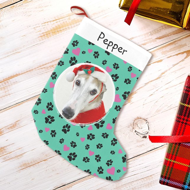 Pet Dog Photo Custom Name Cute Paw prints on Green Small Christmas Stocking (Creator Uploaded)