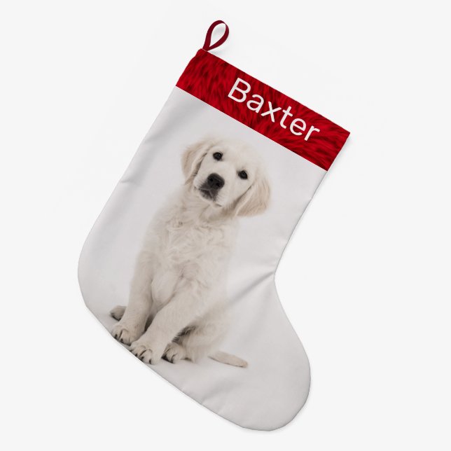 Pet Dog Photo Holiday Golden Retriever Large Christmas Stocking (Front (Hanging))