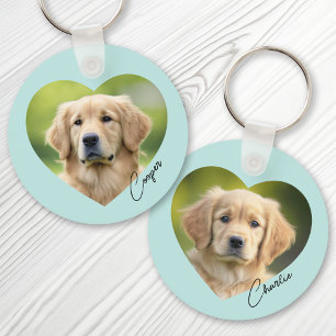 Pet dog photo inside heart with name aqua blue key ring