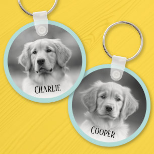Pet dog photo light aqua blue border add name key ring
