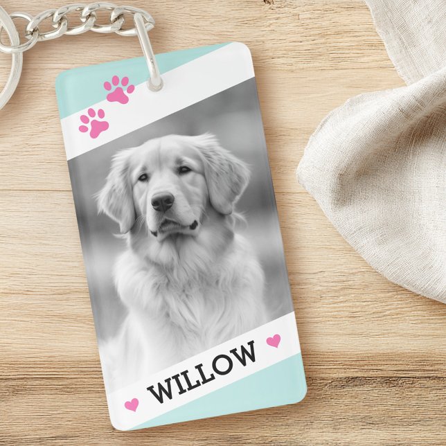 Pet dog photo light aqua blue white borders name key ring (Pet dog photo light aqua blue white borders name keychain)