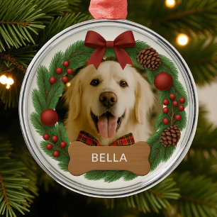 Pet Dog Photo Name Holiday Christmas Wreath Metal Tree Decoration