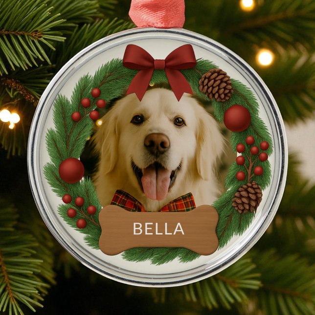 Pet Dog Photo Name Holiday Christmas Wreath Metal Tree Decoration (Creator Uploaded)