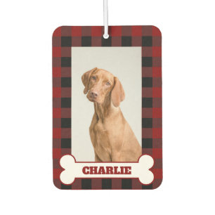 Pet Dog Photo & Name on Red & Black Buffalo Plaid Car Air Freshener