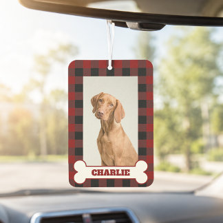 Pet Dog Photo & Name on Red & Black Buffalo Plaid Car Air Freshener