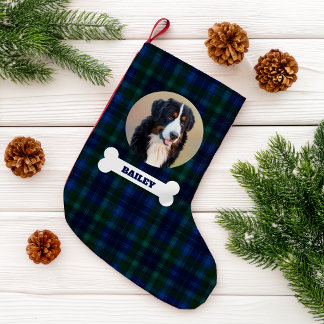 Pet Dog Photo Navy Blue Tartan Plaid Name in Bone Small Christmas Stocking