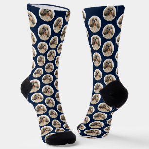 Pet Dog Photo Pattern Navy Blue Birthday Socks