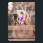 Pet Dog Photo Pink Ribbon Chic Gold Glitter Name iPad Pro Cover<br><div class="desc">This modern design features your favourite photo with a pink ribbon overlay and gold glitter polka dots,  personalised with your name. Perfect as a gift or to spoil yourself #personalizedgifts #photogifts #giftsforher #addyourown</div>